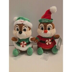 Disney Parks 8" Chip and Dale Elf Christmas Holiday Plush Set Peppermint W/Tag